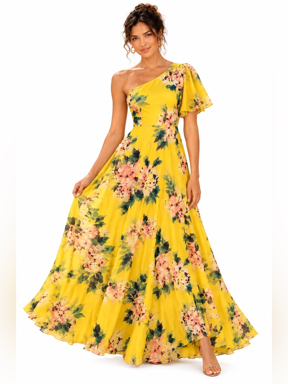 Floral Maxi Dress One Shoulder Puff Sleeve Wedding Guest Garden Party